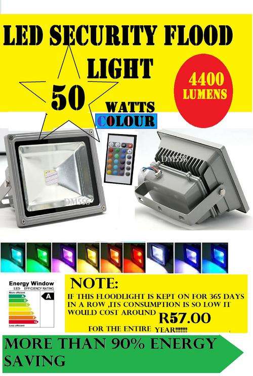 50 watt LED COLOUR FLOODLIGHT WITH REMOTE R2870.00 4400 LUMENS