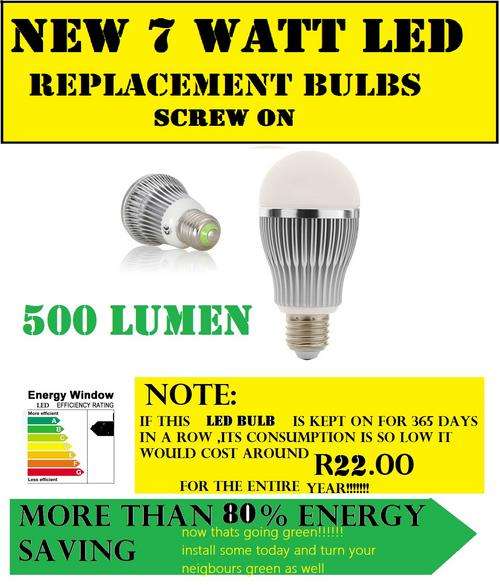 NEW ARRIVAL  7 WATT COOL WHITE LED 500 LUMENS SCREW ON HOUSEHOLD BULB R239.95