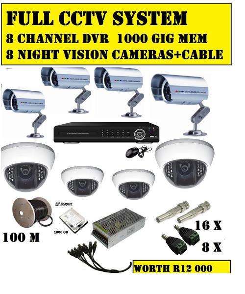 FULL CCTV 8 CHANNEL DVR RECORDING SYSTEM WITH 8 NIGHT VISION CAMERAS AND 1000 GIGS HHD R12 000