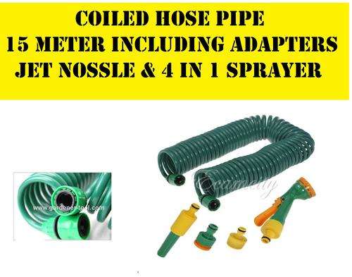 COILED HOSE 15 METER WITH CONNECTORS AND JET HOSE + 4 IN ONE SPRAY R499.00