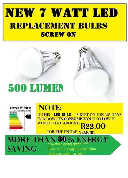 NEW ARRIVAL  7 WATT COOL WHITE LED 500 LUMENS SCREW ON HOUSEHOLD BULB R239.95