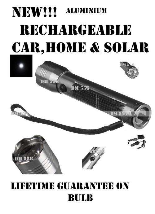 NEW SOLAR , HOUSE & CAR RECHARGEABLE 100LM ALUMINIUM TORCH