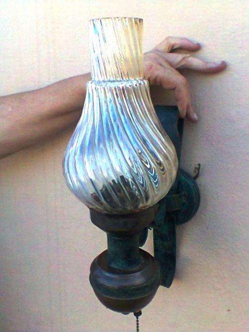 A OLD Vintage ALL Copper Wall Light with a Twisted thick Glass Mantel & Pull ON / OFF Switch