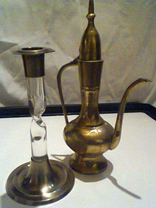 A Vintage Brass & clear Stem Candlestick + Brass Indian Kettle all In Good condition