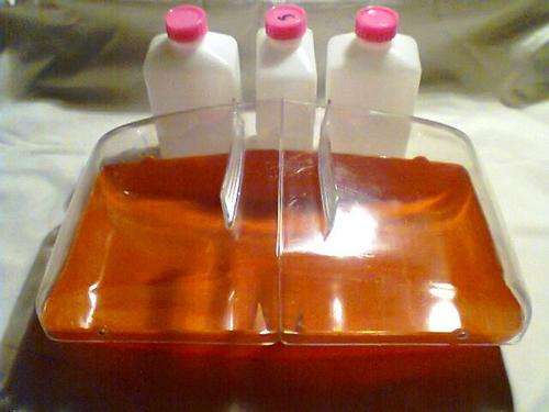 A Retro Bread Bin with 3 Juice Bottles all in good condition for their age.