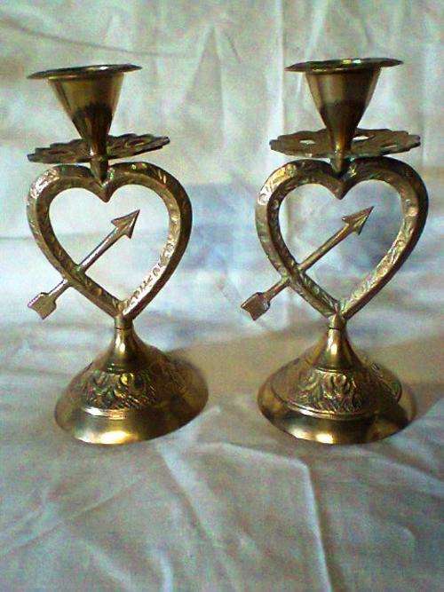 A Beautiful Vintage Hart Shape Solid Brass Set of Candlesticks 140mm Tall in Excellent Condition .