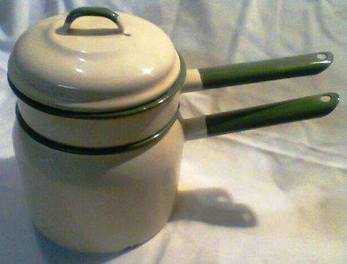 A Old Vintage Large Enamel DOUBLE BOILER with Lid , in good used condition 220mm Tall x 310mm Long