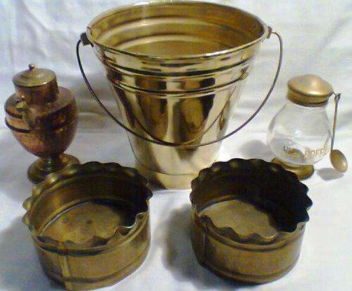 A Vintage Job Lot of Brass, Bucket,2 x Planter's,Kits Koffie Canister & Spoon, Little Turkish Kettel