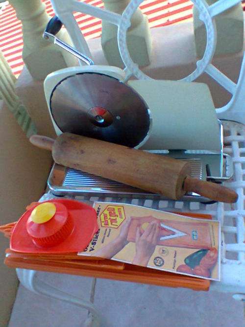 A Old Vintage Pinewear Meat/Bread Cutter + A old Rolling Pin + A German "BORNER" Slicer