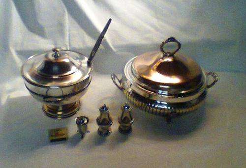 2 X Old Tureens , The Larger one stamped EM-ESS With Ladle + 3 Salts. All in well Used Condition.