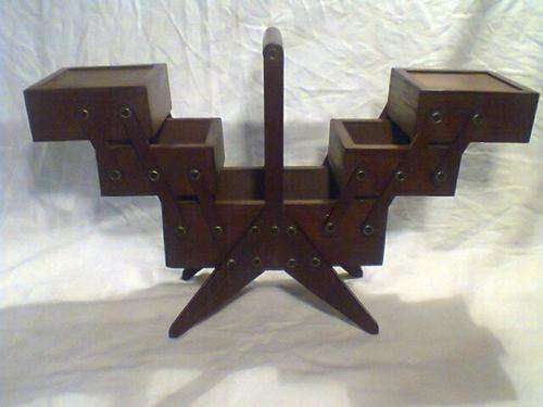 A Hand Made Vintage Traveling Miniture Sewing Extendable Cabinet for your Tolletjies,Pin's & Needles