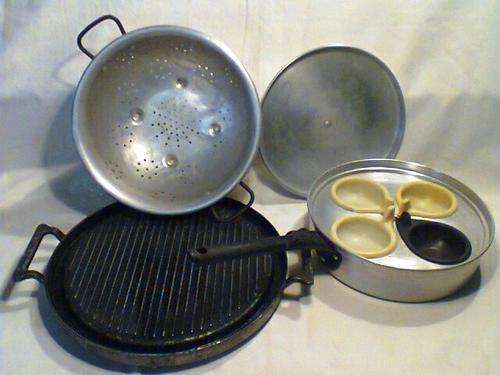 A Real Vintage Collectable Set of Kitchenalia, 3 Alimunum Items Gridel , Colander, Pouch Egg Pot .