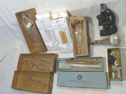 A Old Vintage Large Job Lot of Laboratory Equipment ,Microscope + Tubes,Made by LKB Sweeden+ Others.