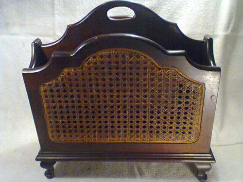 A Scarce Old Vintage 2 Division Imbuia Magazine Rack with Rattan sides & Queen ANN Feet
