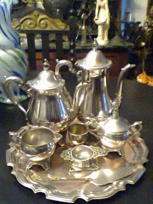 A Beautiful Heavy Silver Plated on Copper over Brass Old 50's Tea Set on Tray.Good Condition for Age