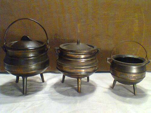 Vintage Bronzed 3 Miniature Pot's,One has "Kruger WILDTUIN/PARK" on side. All in good condition.