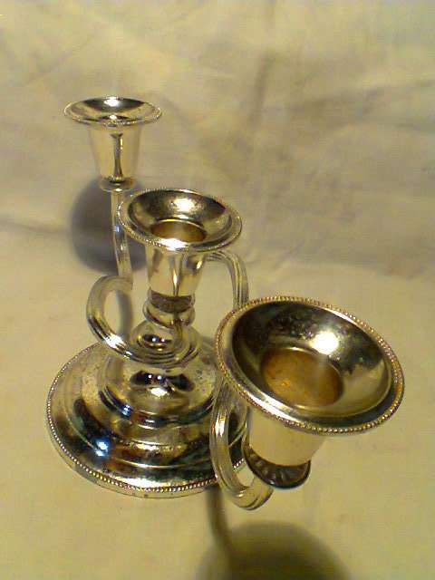 A made in England by "Vikana" EP Zinc 3 Stick.Candlestick with Snuffer.In second/hand condition