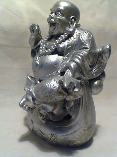Vintage Ben Zara Heavy Silver patina Laughing Buddha with money bag Statue Sculpture Signed.