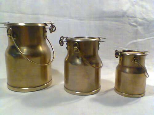 3 x Vintage Heavy solid Brass Milk Can's, from big to small.Ideal for Coffee,Tea & Sugar for two.