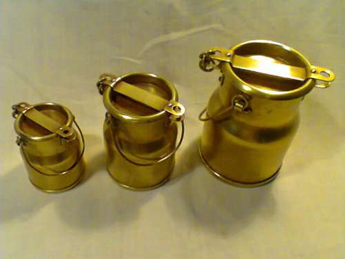 3 x Vintage Heavy solid Brass Milk Can's, from big to small.Ideal for Coffee,Tea & Sugar for two.