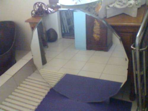 1920's, Large 16 sided Beveled Dressing Table Mirror hooks & a chain + wooden back base, Size: 90cm