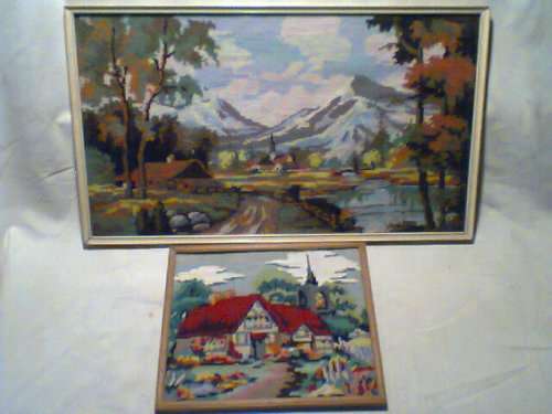 2 Awesome Tapestries framed of Houses/scenery small 1 Signed: Han 1957 both in excellent condition