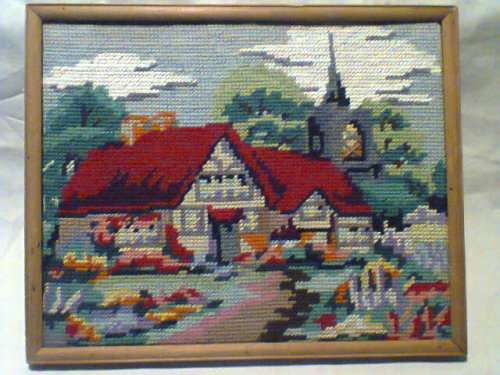 2 Awesome Tapestries framed of Houses/scenery small 1 Signed: Han 1957 both in excellent condition