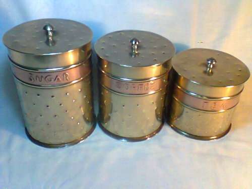 Beautiful Set of Old Solid & Heavy clean Copper & Brass Tins, Tea, Coffee, Sugar. Ideal for display.