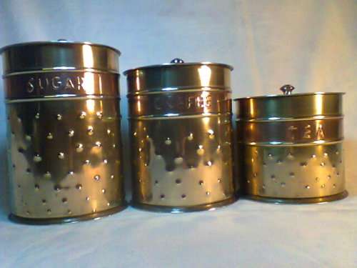 Beautiful Set of Old Solid & Heavy clean Copper & Brass Tins, Tea, Coffee, Sugar. Ideal for display.