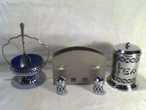 Rare Salts & Jam/condiments Bowl with Co-Bolt Blue Glass Inners. Tea Jar & Serviette Holder 18/8.
