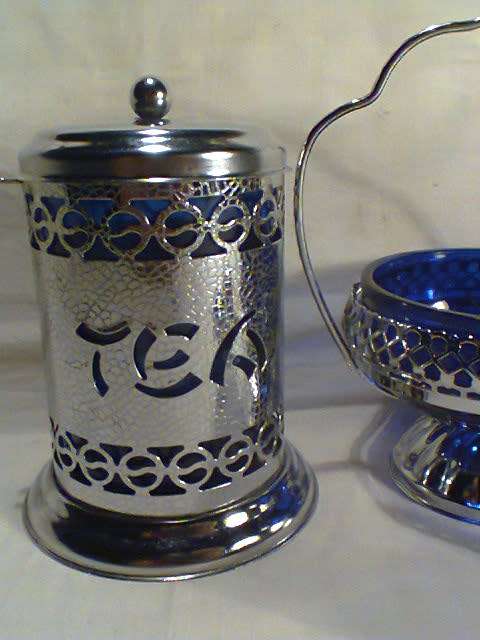 Rare Salts & Jam/condiments Bowl with Co-Bolt Blue Glass Inners. Tea Jar & Serviette Holder 18/8.