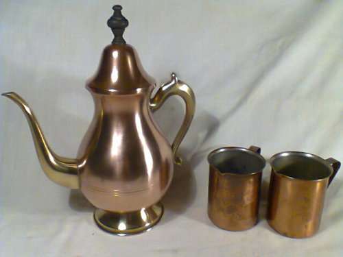 Vintage Holland copper Kettle with Bell/Lid& brass handle/spout plus 2 zinc lined copper milk jug's.