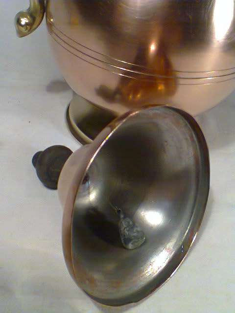 Vintage Holland copper Kettle with Bell/Lid& brass handle/spout plus 2 zinc lined copper milk jug's.