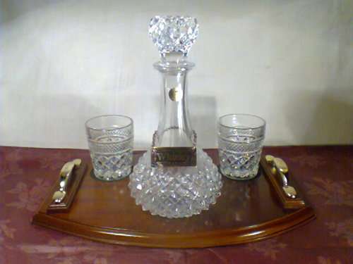 Awesome Butlers Tray, French Crystal Whiskey Heavy Decanter with label + 2 Glasses, Value R2895-