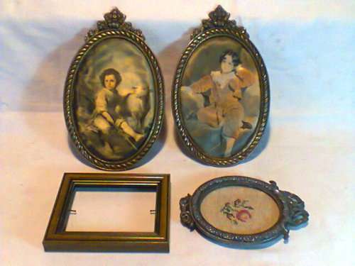 3 old Vintage Italian Metal Frames. 2 with silk Prints. 1 Embroidered. 1 Wooden. All used S/Hand.