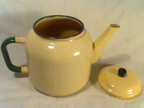 Real Old Enamel Kettle in yellow & green trim. Ideal display for older Kitchen setting.Second hand.
