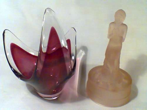 A Vintage Venusian Glass Vase 180mm Tall & a frosted Centre piece + Chinese Solder. Sold s/hand.