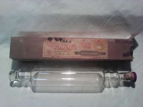A 1950's "PYREX" glass rolling pin with cork and in original box. Length: 450mm. In excellent order