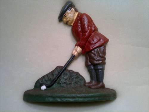 Vintage Cast Iron Door Stop with Golfer motif in clean condition.Size:170mm T x 200mm L Good order.