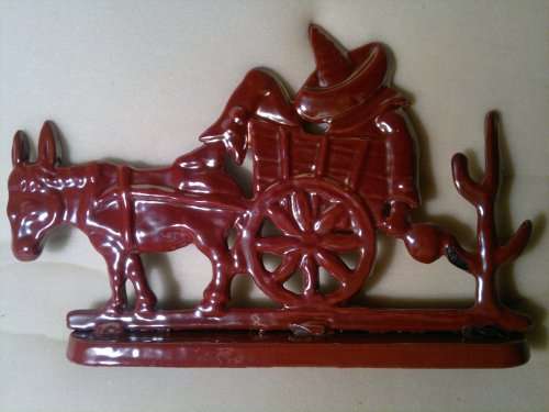 Awesome Heavy Old Vintage Enamel over Cast Iron door/Book stop Mexican on Cart motif. Sold as Used