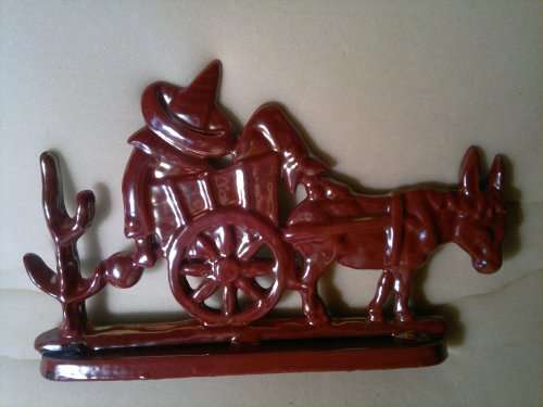 Awesome Heavy Old Vintage Enamel over Cast Iron door/Book stop Mexican on Cart motif. Sold as Used