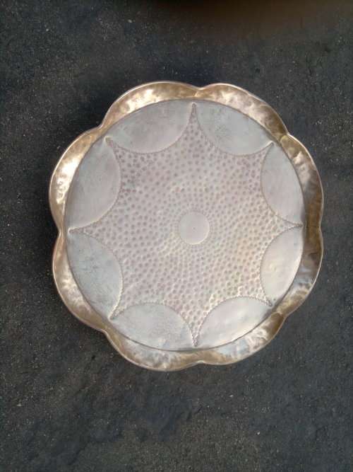 A Very Large Vintage solid Heavy Brass Round Tray it is hand beaten with a lot of work on sides
