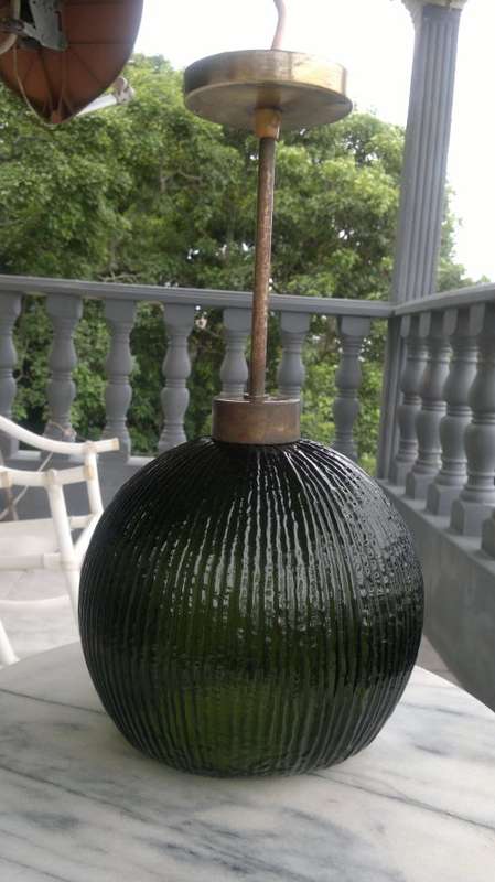 1950 vintage Art Deco style Retro ribbed frosted lush Green ball shaped heavy glass ceiling lamp.