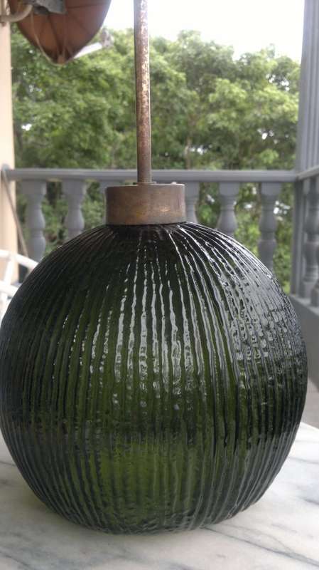 1950 vintage Art Deco style Retro ribbed frosted lush Green ball shaped heavy glass ceiling lamp.