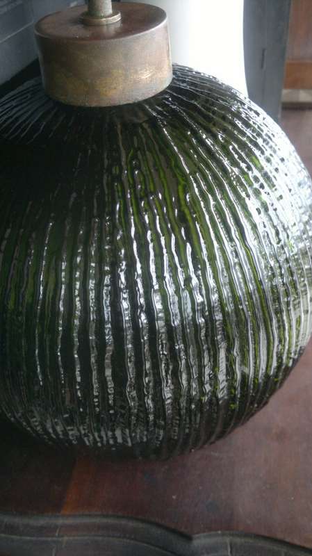 1950 vintage Art Deco style Retro ribbed frosted lush Green ball shaped heavy glass ceiling lamp.