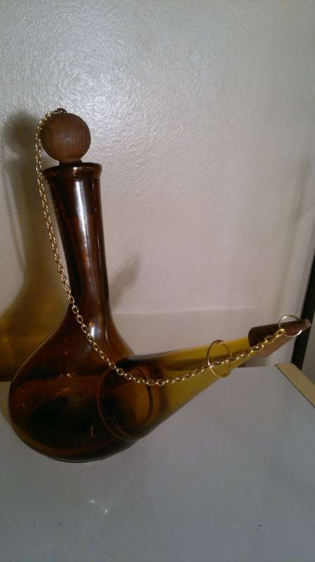 WoW 2 Unique Brown bottles. A Monk made in ITALY and a Wine flask with stopper & chain. Sold as used