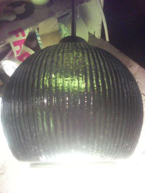 1950 vintage Art Deco style Retro ribbed frosted lush Green ball shaped heavy glass ceiling lamp.