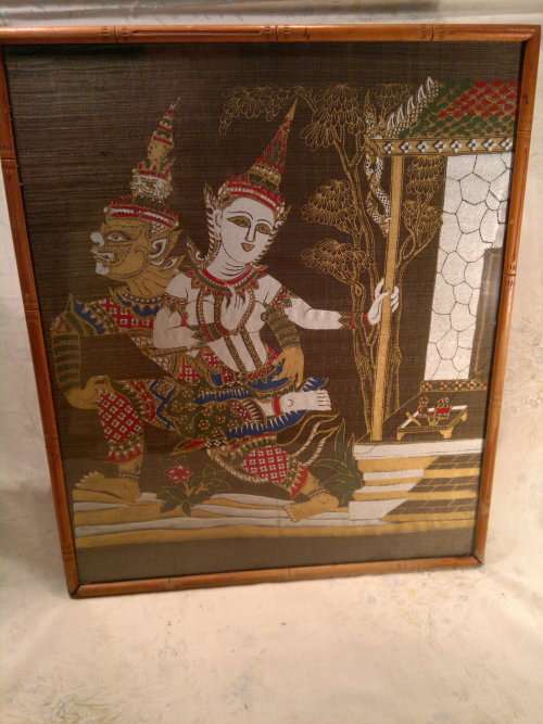 Vintage under glass Framed "Warrior and Bali Goddesses Silk Tapestry Textile Art. Hand painted.