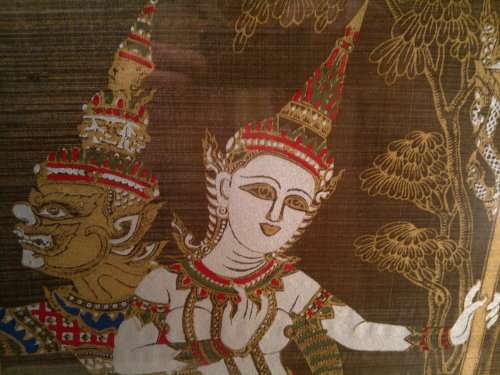 Vintage under glass Framed "Warrior and Bali Goddesses Silk Tapestry Textile Art. Hand painted.