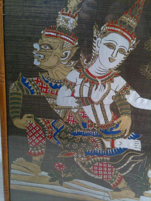 Vintage under glass Framed "Warrior and Bali Goddesses Silk Tapestry Textile Art. Hand painted.